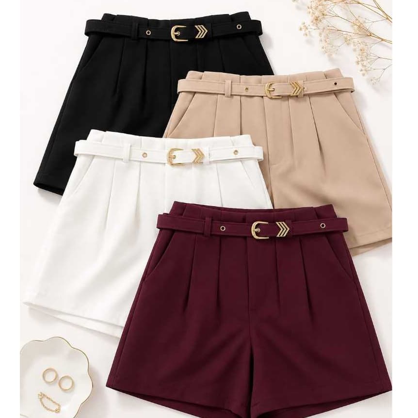 Kit 4 Peças Short Alfaiataria Feminino com Cinto Cintura Alta Elegante P M G GG Promoção