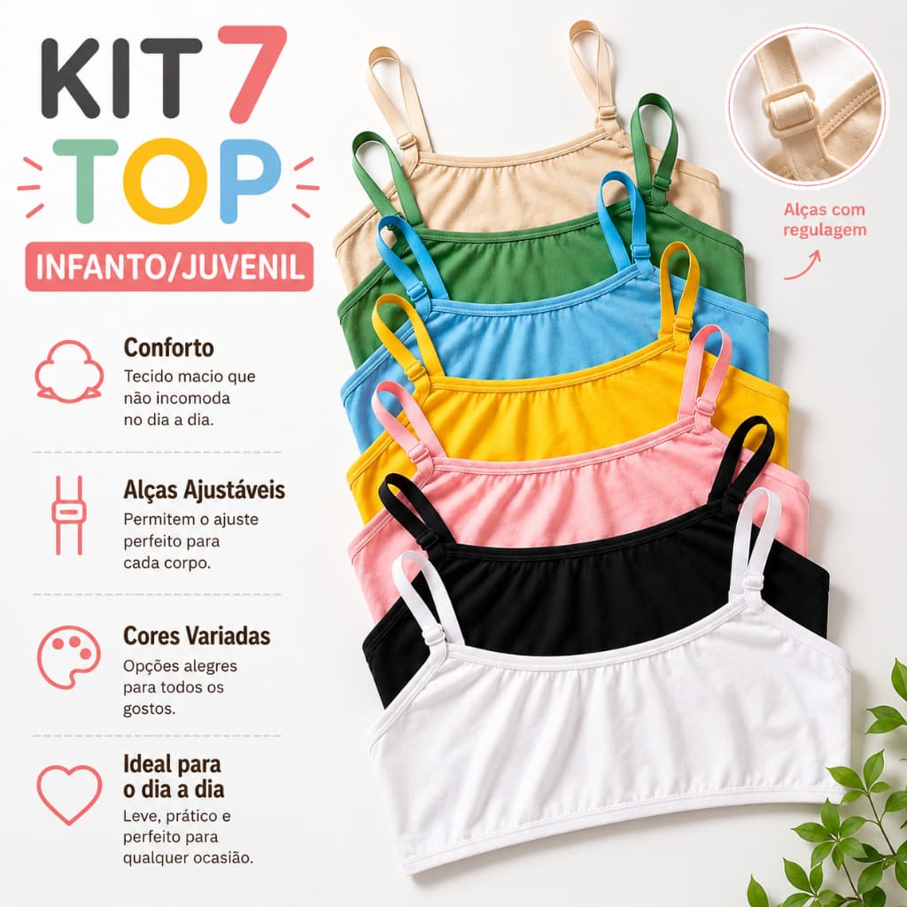 Kit 7 Sutia Infantil Juvenil Algodão Cotton Liso Alta Qualidade Conforto Top Dia a Dia Menina Moça
