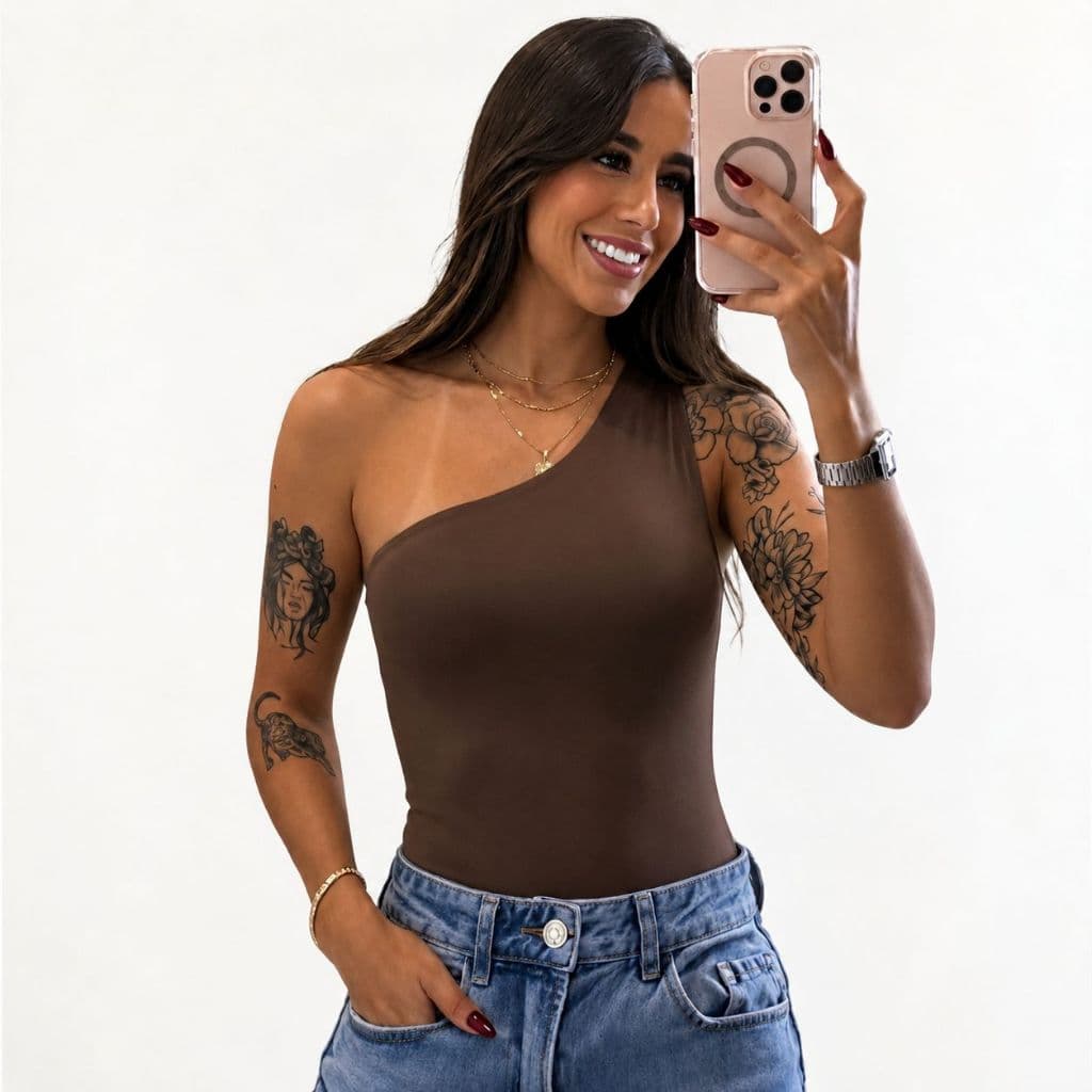 blusa efeito body nula manga um ombro só com forro elegante casual com suporte para gloss