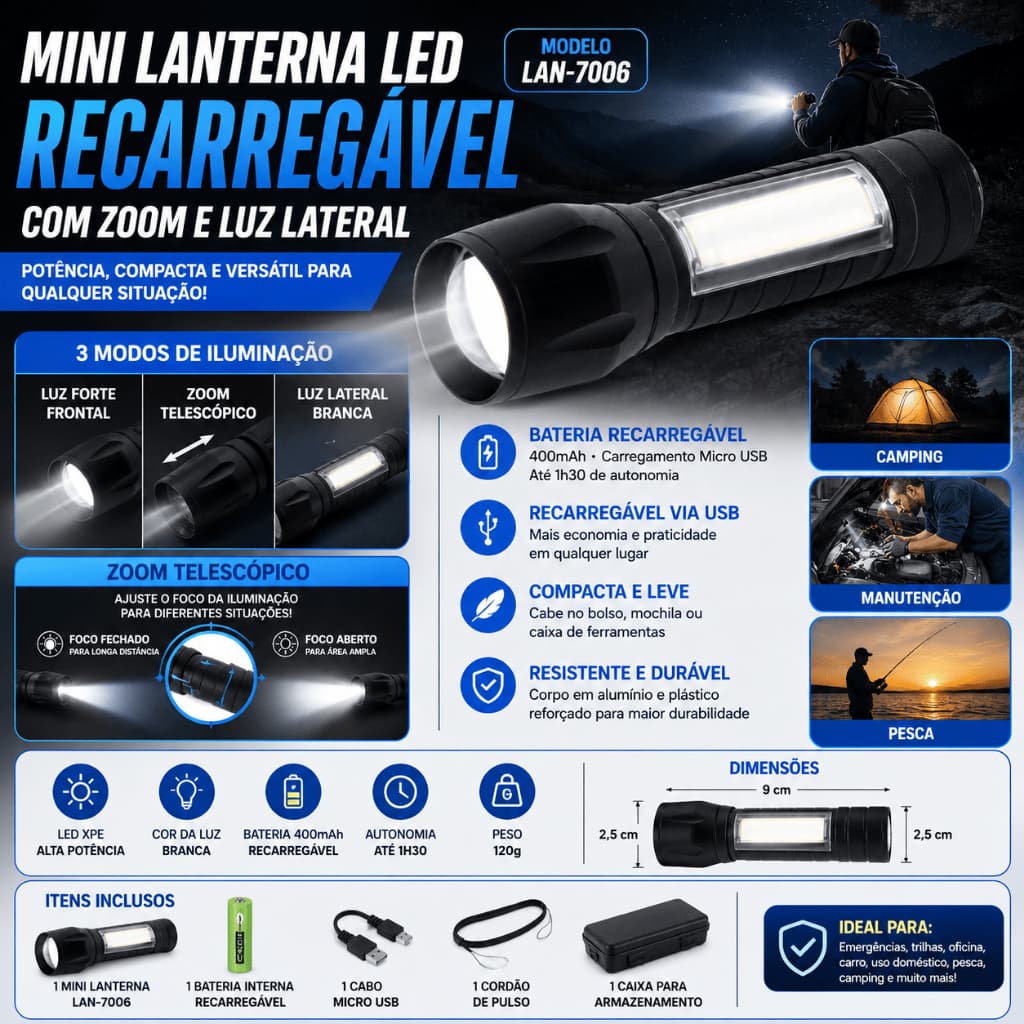 Mini Lanterna LED Recarregável USB Luz Lateral Zoom Telescópico Lanterna de Bolso LAN-7006