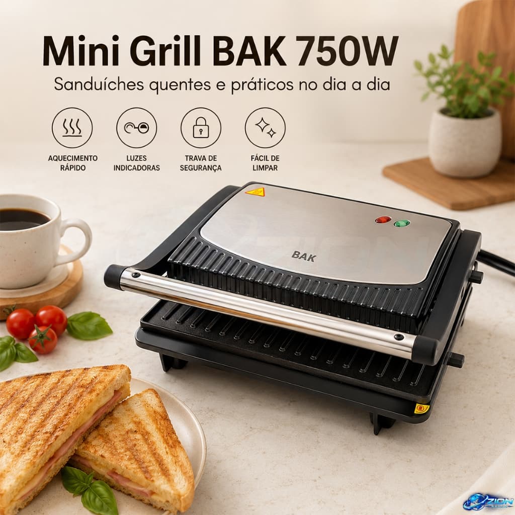 Misteira Sanduicheira Mini Grill Elétrica BAK 750W Chapa Antiaderente Dupla 110V 220V