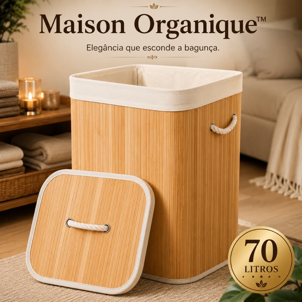 Cesto Organizacional Bambu Com Alças Tampa Capacidade 70 Litros Resistente Casa