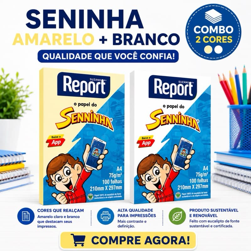 Combo Papel Senninha Amarelo + Branco – A4 100 Folhas – Sulfite 75g Suzano
