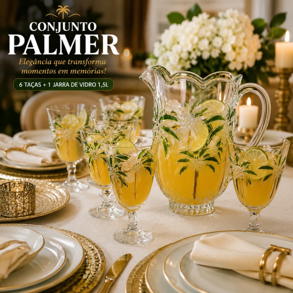 Jogo 6 Taças Palmer Com Jarra Vidro 1,5L Kit Bebidas Água Suco Drinks Transparente