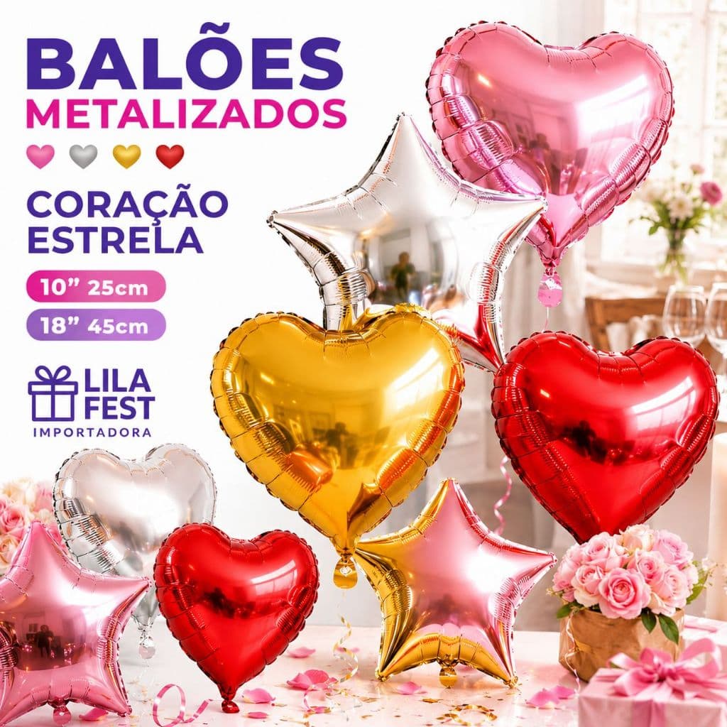 Kit Balão Coração Estrela Metalizado 20/30/40/50Unid 25ou46cm 10ou18"Polegadas Namorados Decoraçao Painel Love