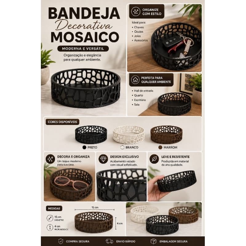 Bandeja Decorativa Mosaico 15cm Organizadora Multiuso
