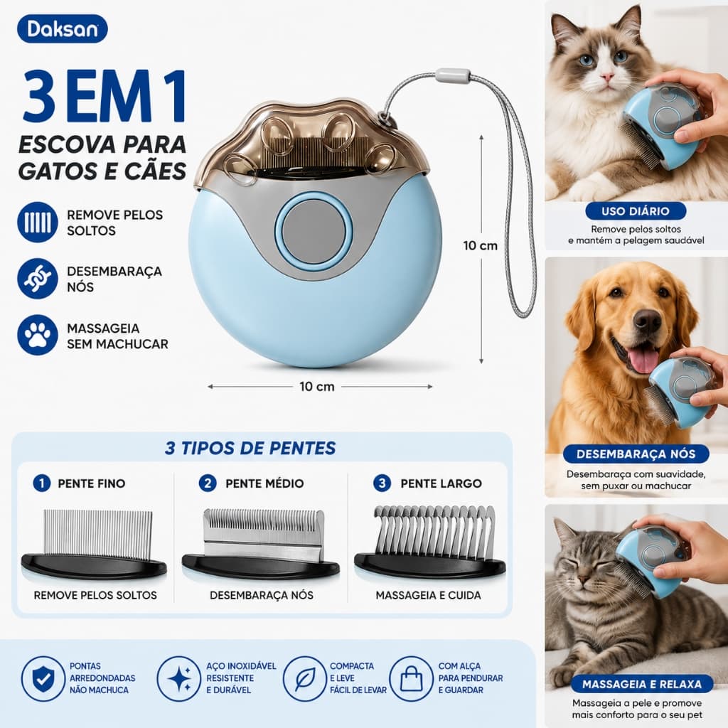 Escova 3 em 1 para Gatos e Cães com Pentes de Aço Inoxidável Remove Pelos Desembaraça e Massageia sem Machucar