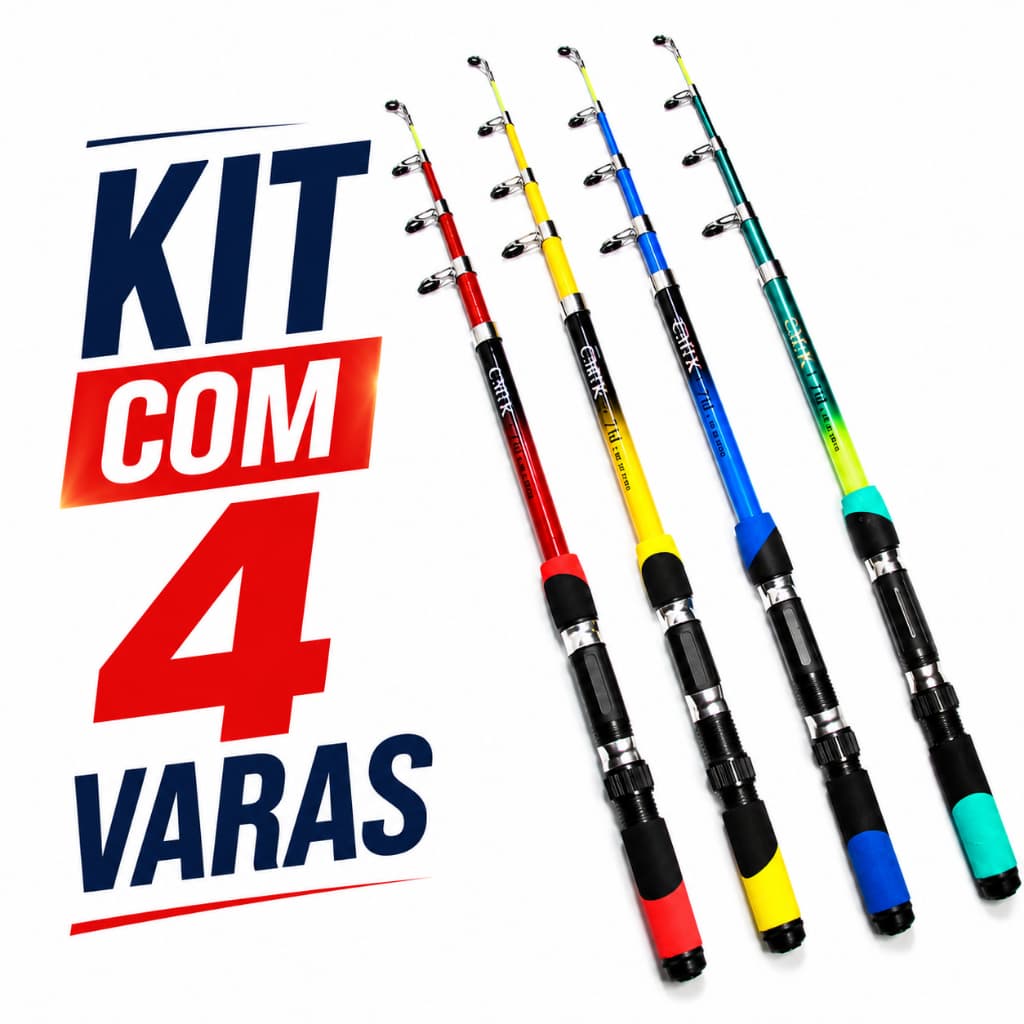 Kit pesca 4 Varas Telescópica para molinete Coloridas 1,70m Resistente Portátil Rio Lago pesqueiro Tilápias Tucunaré