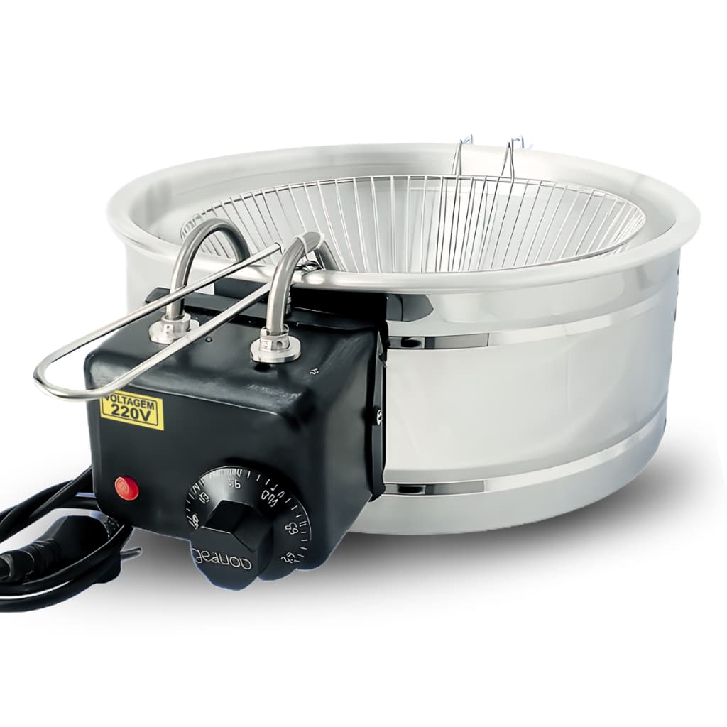 Fritadeira Elétrica Tacho 5 Litros Redonda Inox c/Termostato Redonda Potente Fritura 220v 300°C