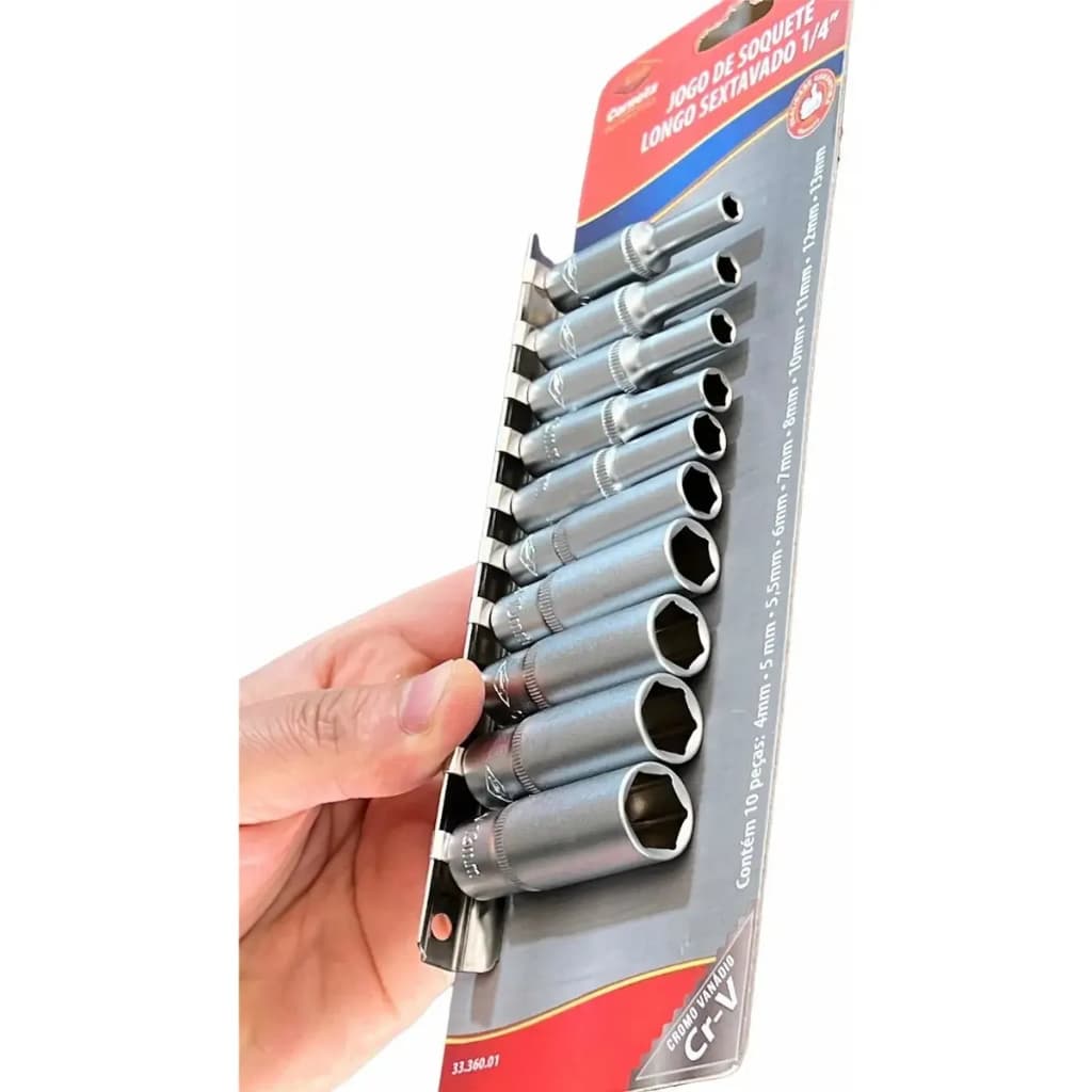 Jogo 10pçs Soquete Pito Longo Sextavado 1/4  4 A 13mm Corneta