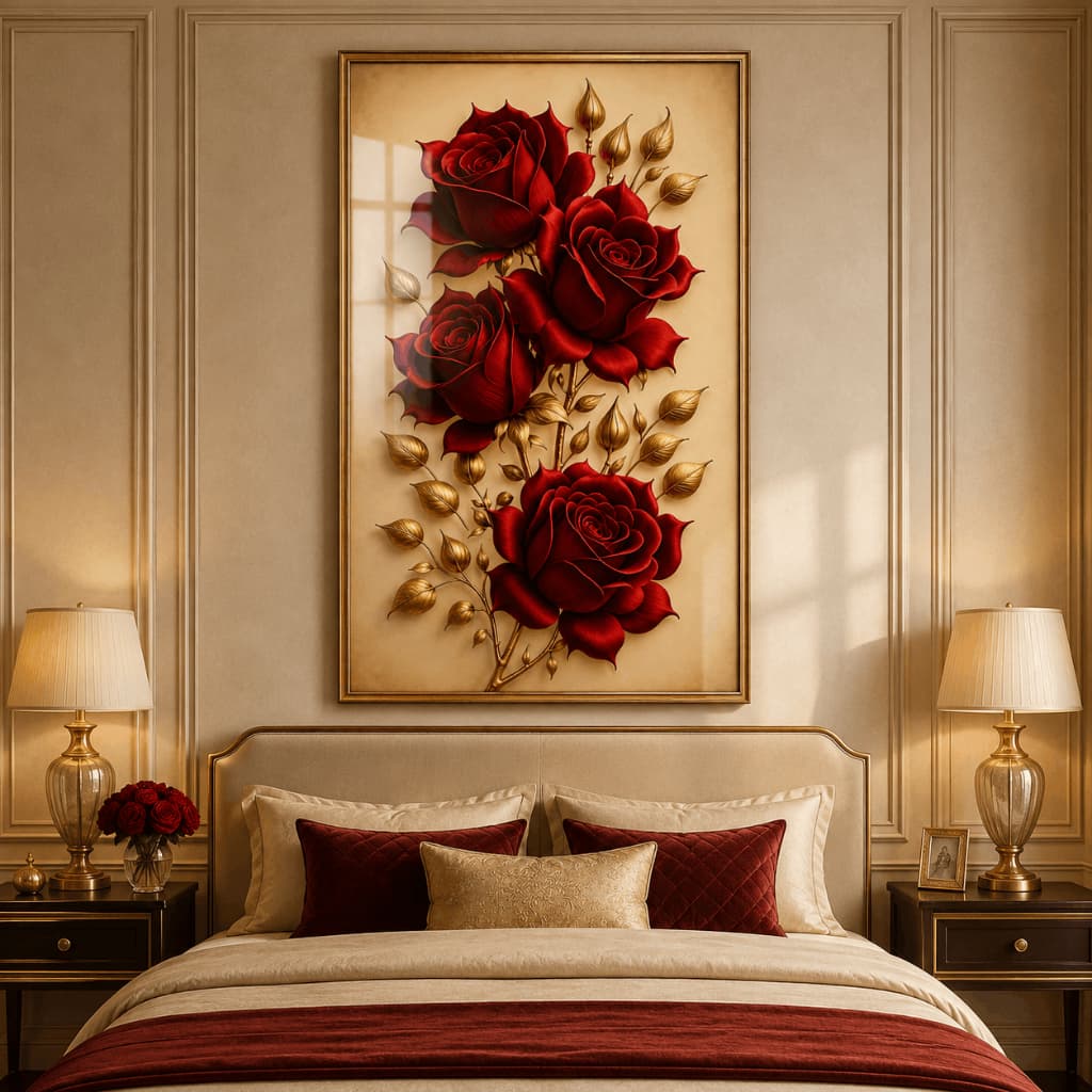 Quadro Decorativo Rosas Vermelhas Douradas Luxo Arte Floral Premium