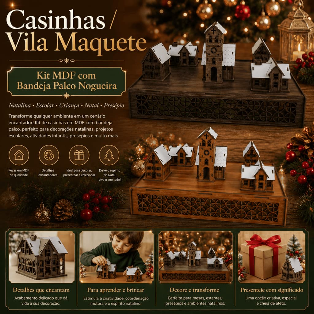 Casinhas/Vila Maquete Kit MDF com Bandeja Palco Nogueira Natalina Escolar Criança Natal  Presépio