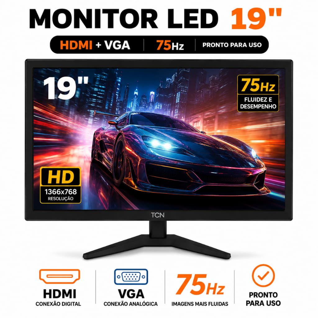 Monitor LED 19 Polegadas HDMI VGA HD 75Hz TCN Bivolt Para PC Escritório Home Office Trabalho Estudo e CFTV