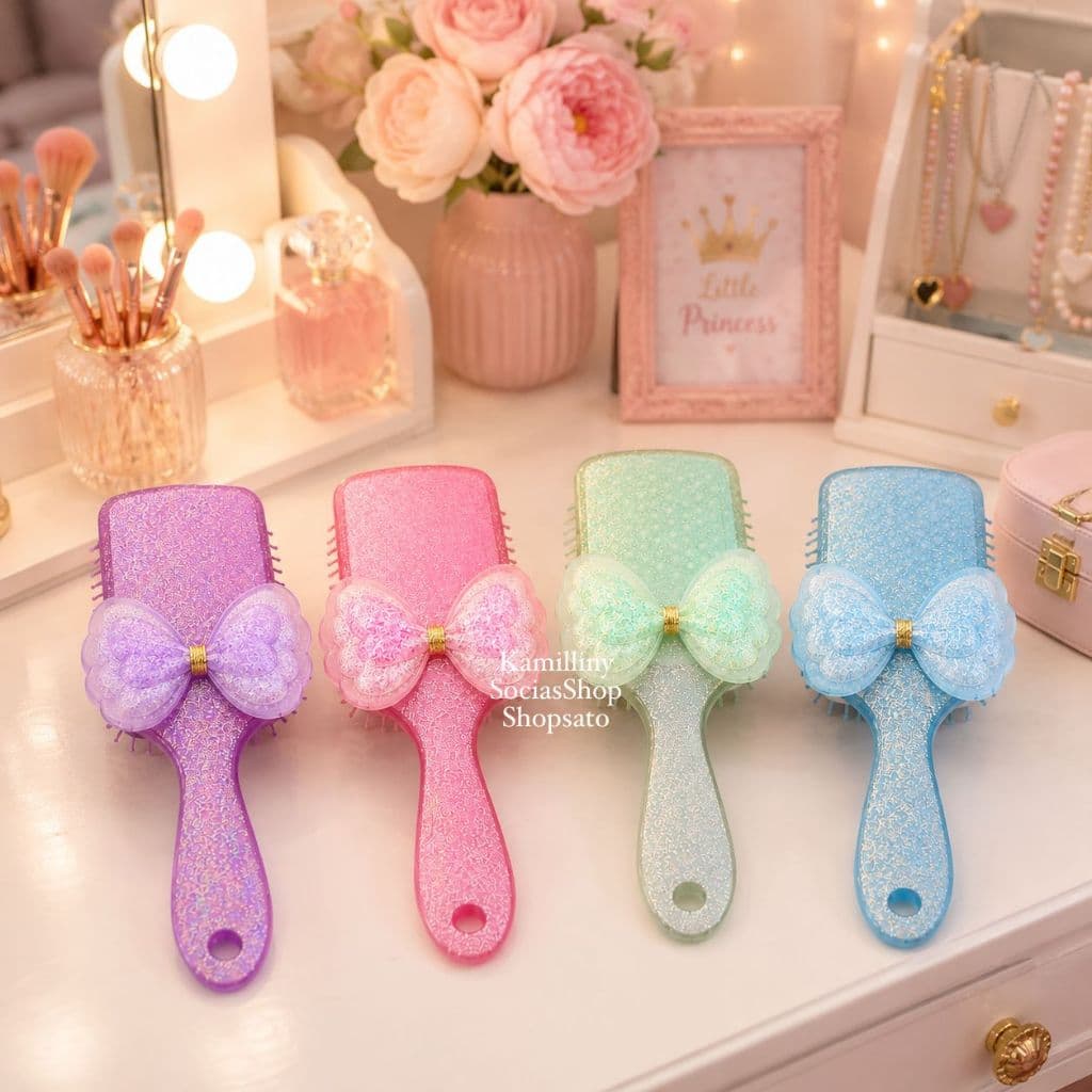 Escova de cabelo femenina laço com glitter macia massageadora escova raquete