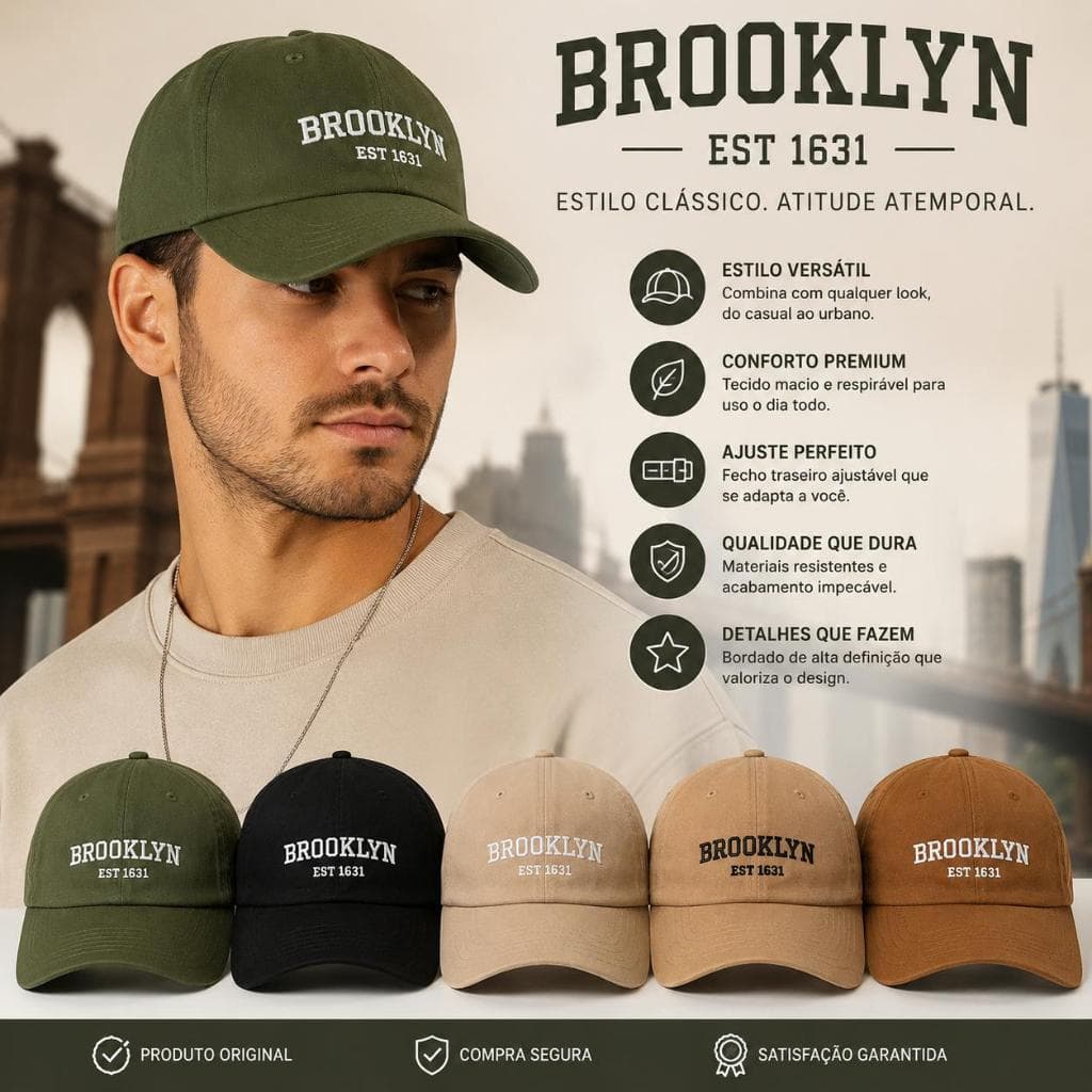 Boné Brooklyn Beisebol Retrô Bordado Unissex Algodão Regulagem Macio Estiloso