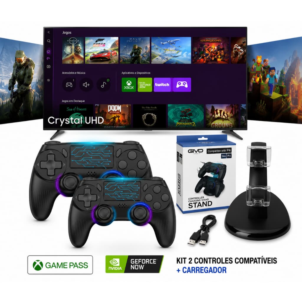Kit 2 Controles + Carregador Para Tv Samsung Xbox Game Pass Geforce Pc