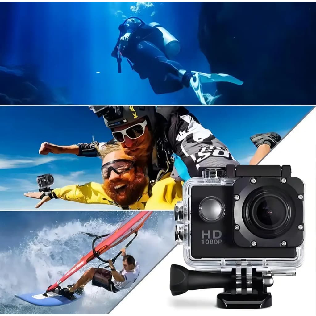 Camera De Acao Sports HD 1080p Filmadora Esportiva Prova Dagua Com Kit Acessorios Moto Bike
