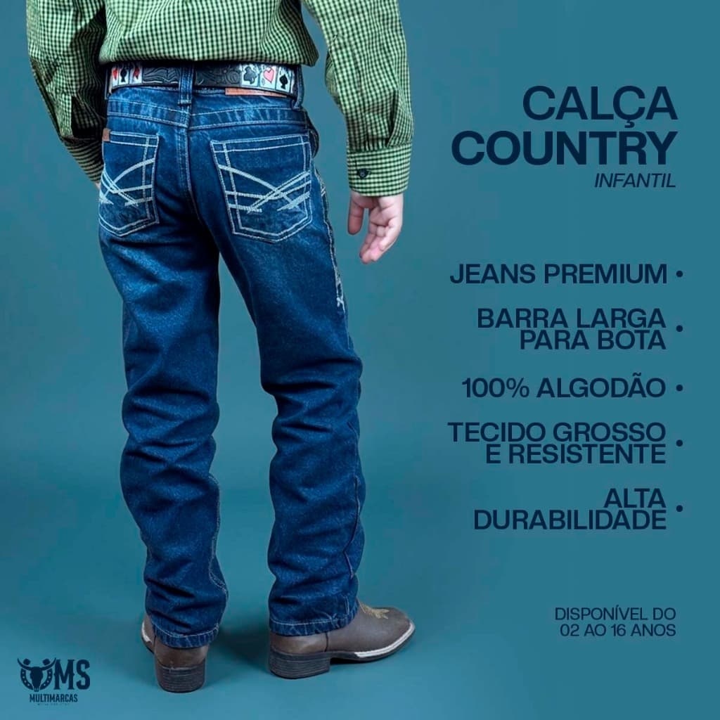 Calça Jeans Infantil Masculino Menino Country Barra Larga para Bota 2 a 16 Grosso
