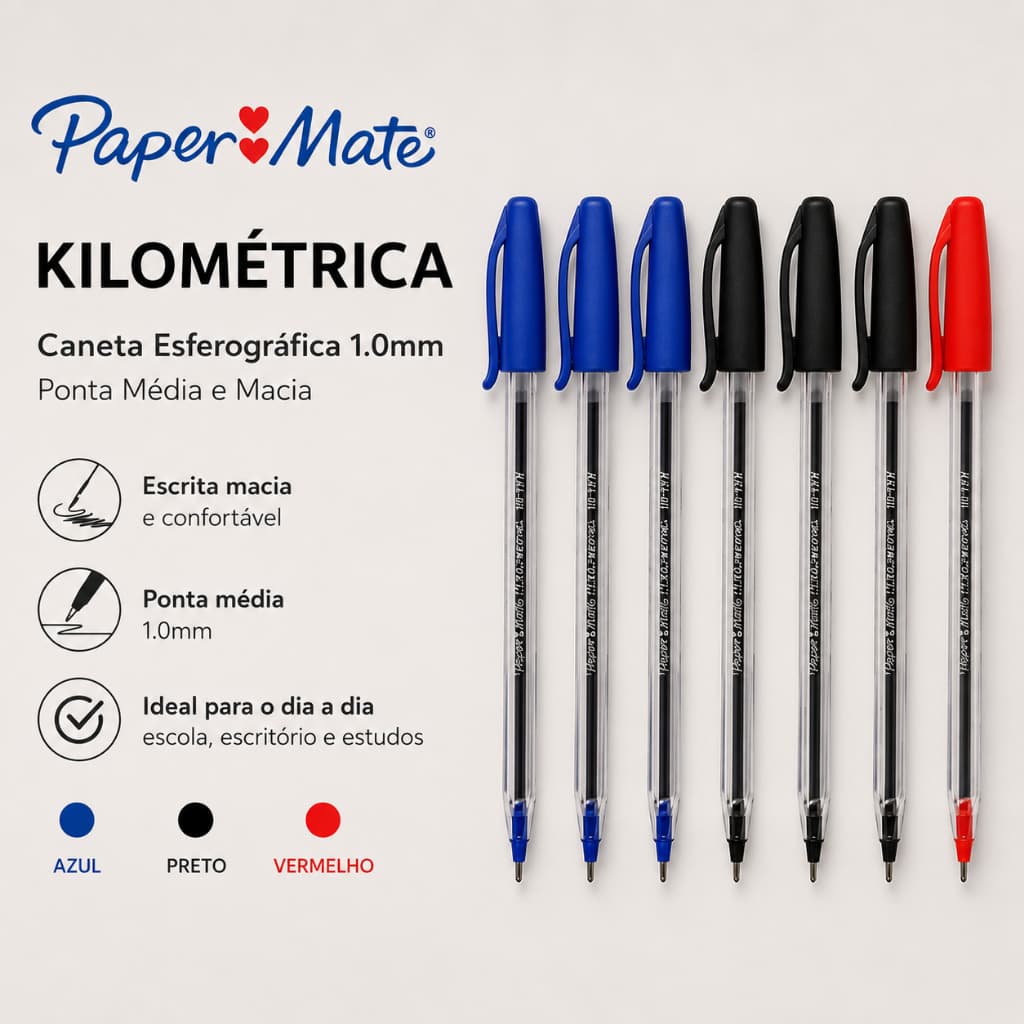 Kit Canetas Esferográficas Paper Mate Kilométrica 1.0mm – Escrita Macia e Confortável