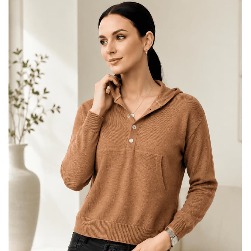 Blusa Feminina De Capuz E Bolso Canguru De Tricô Manga Longa Inverno Casaco Tricot Tendência