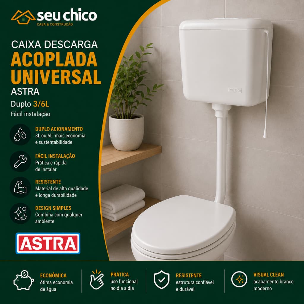 Caixa de Descarga Astra 9 Litros Branca Decoração Banheiro Cordinha