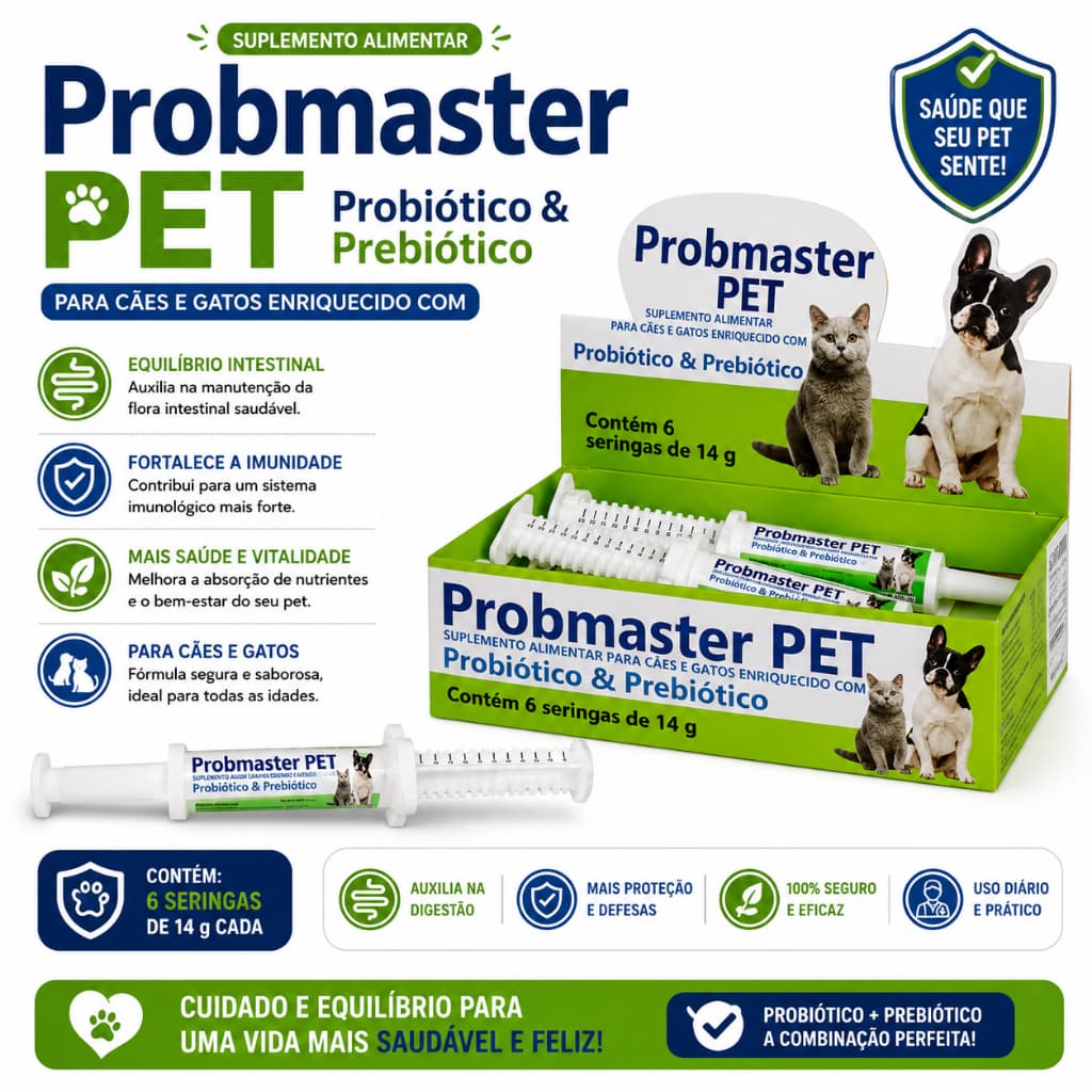 Probiótico e Prebiótico Suplemento Probmaster Para Cães ou Gatos 14g