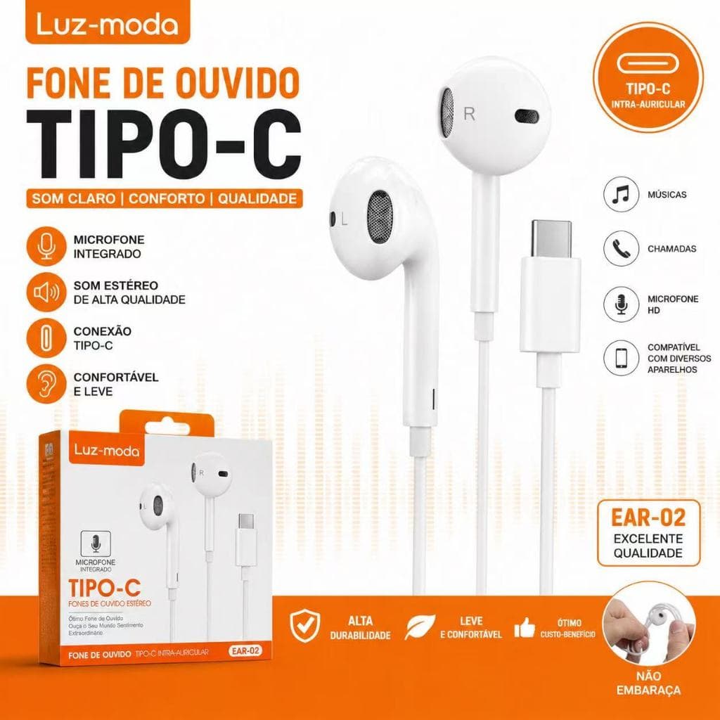 Fone de Ouvido Tipo-C e Lightning Luz-moda Com Microfone Para Android e iPhone Som Estéreo