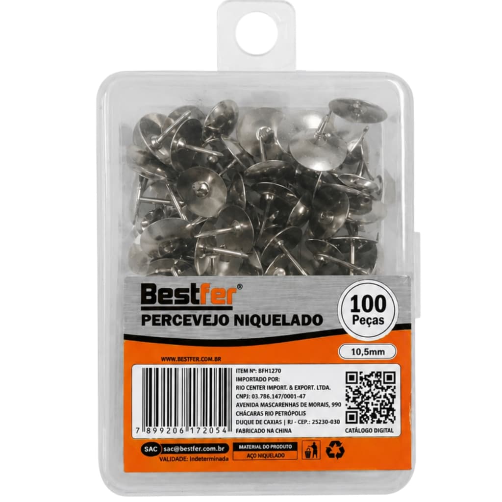 Kit 100 Tachinhas Percevejo em Aço Niquelado Multiuso Quadro Mural Cortiça e Móveis 10,5mm Bestfer