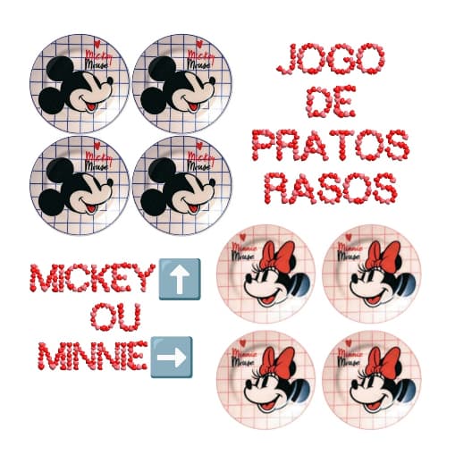 Jogo 4 Pratos Rasos Cerâmica Mickey ou Minne Avon Oxford