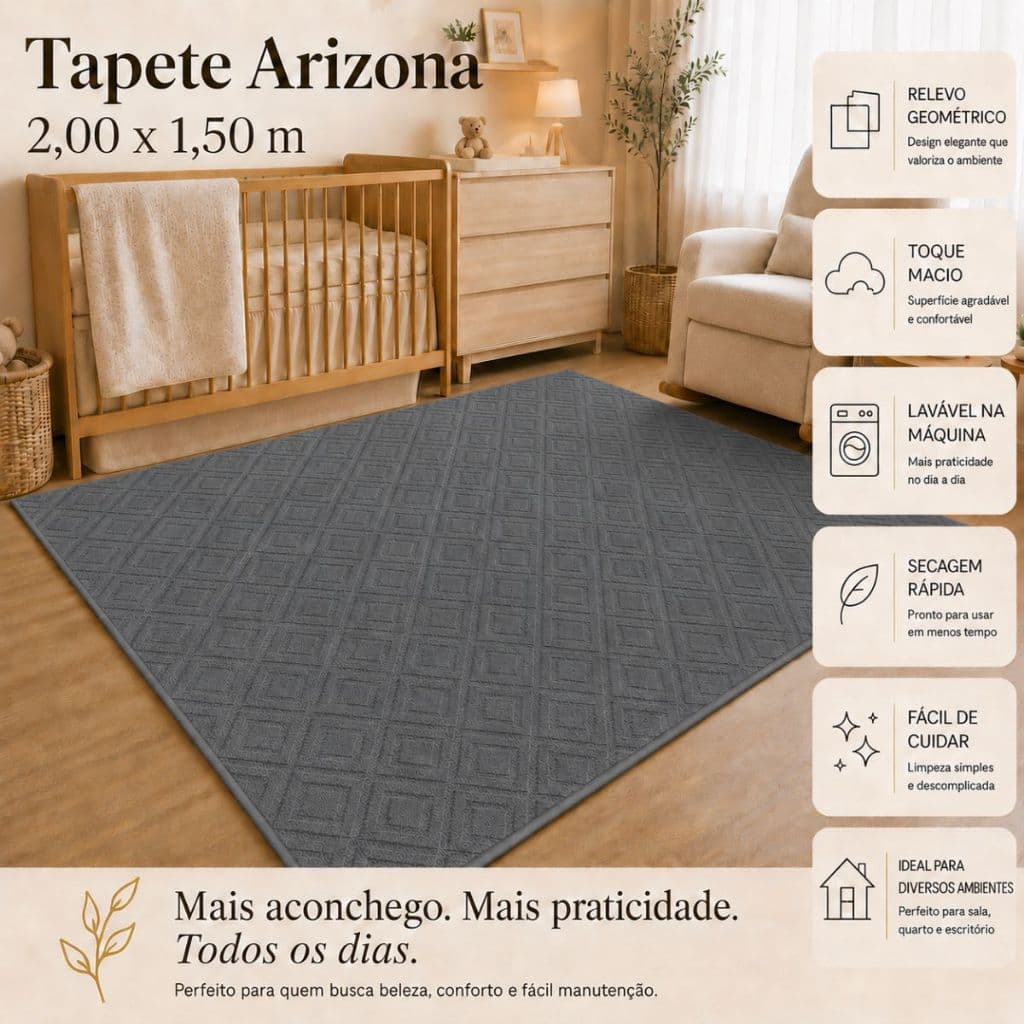Tapete Sala 2,00x1,50 Cinza Escuro Geométrico Alto Relevo Macio Antiderrapante Quarto Escritório