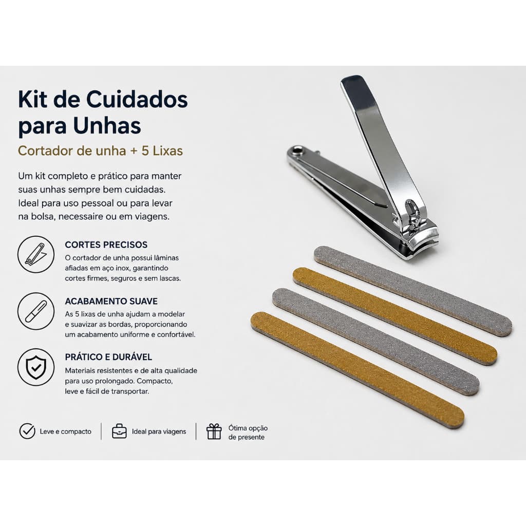 Kit Manicure Cortador De Unha Grande Profissional + Jogo Lixa de Unha 5 Un