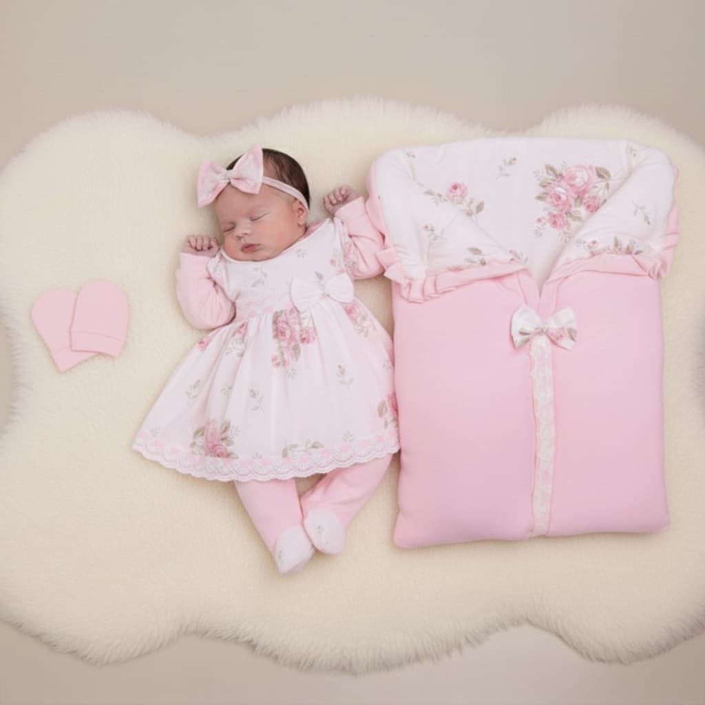 Saída Maternidade Menina Bebê Floral Rosa Com Saco De Dormir Luxo 100% Algodão Para Bebê RN