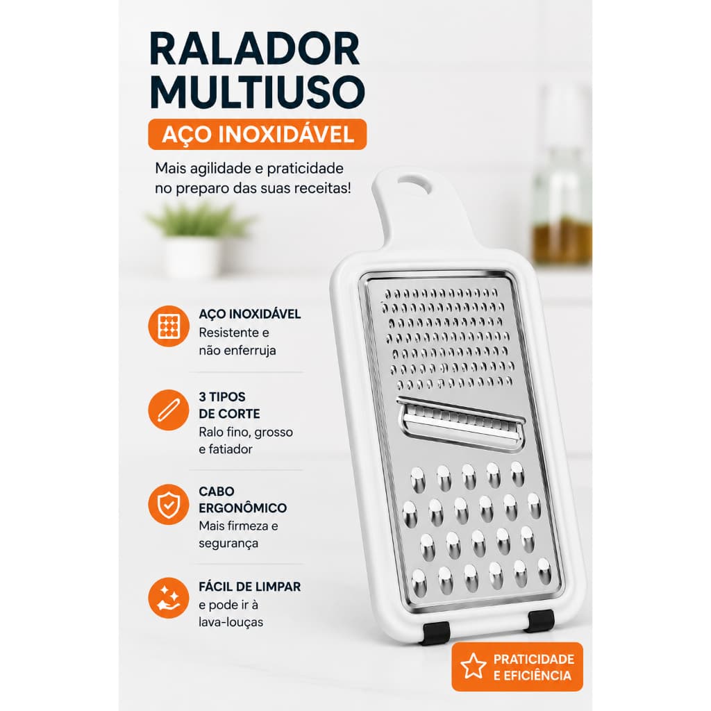 Ralador Multifuncional 3 em 1 em Aço Inox | Rala, Fatia e Facilita sua Cozinha
