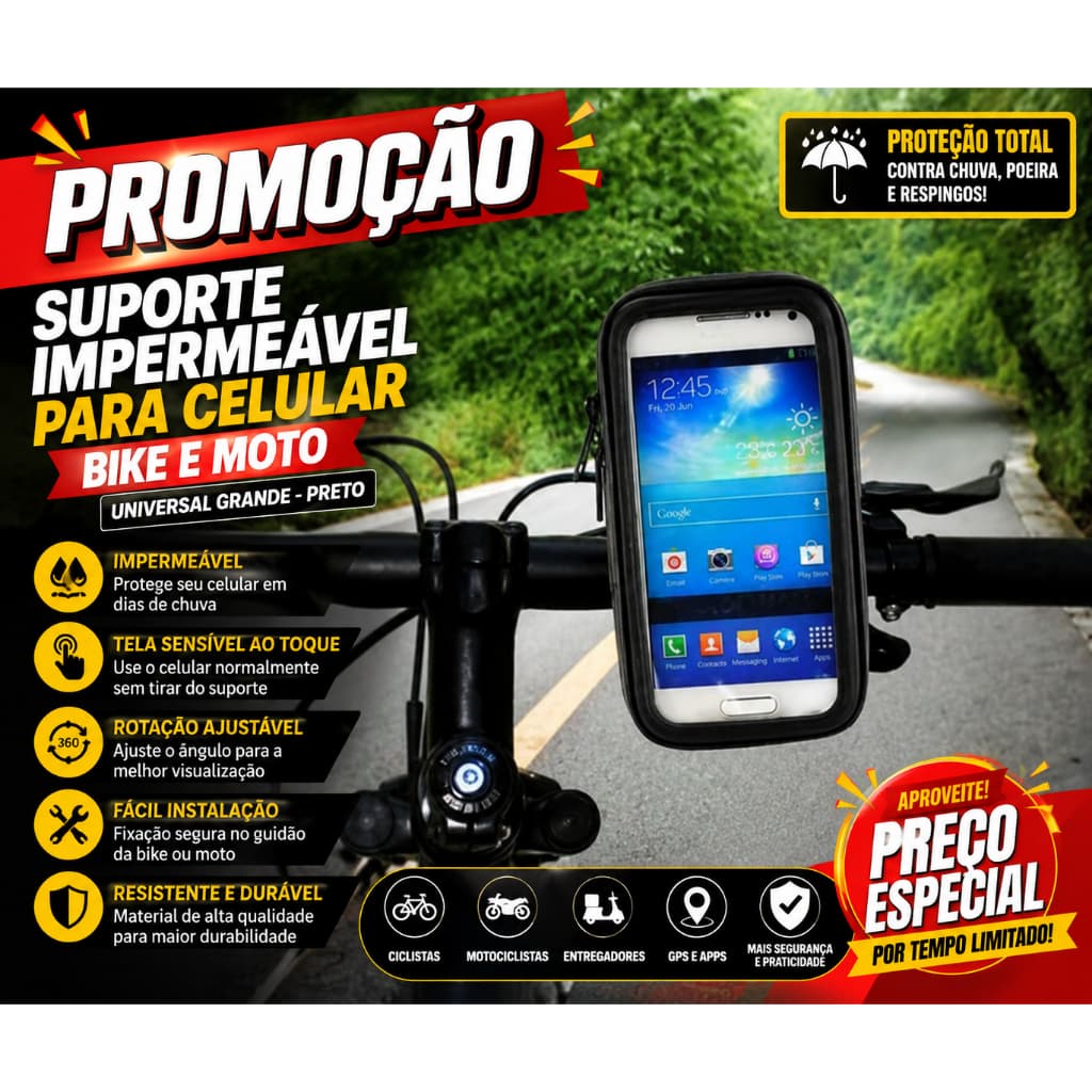 Suporte Impermeável para Celular Bike e Moto– Universal Grande Preto GPS e aplicativos sem retirar o aparelho do suporte