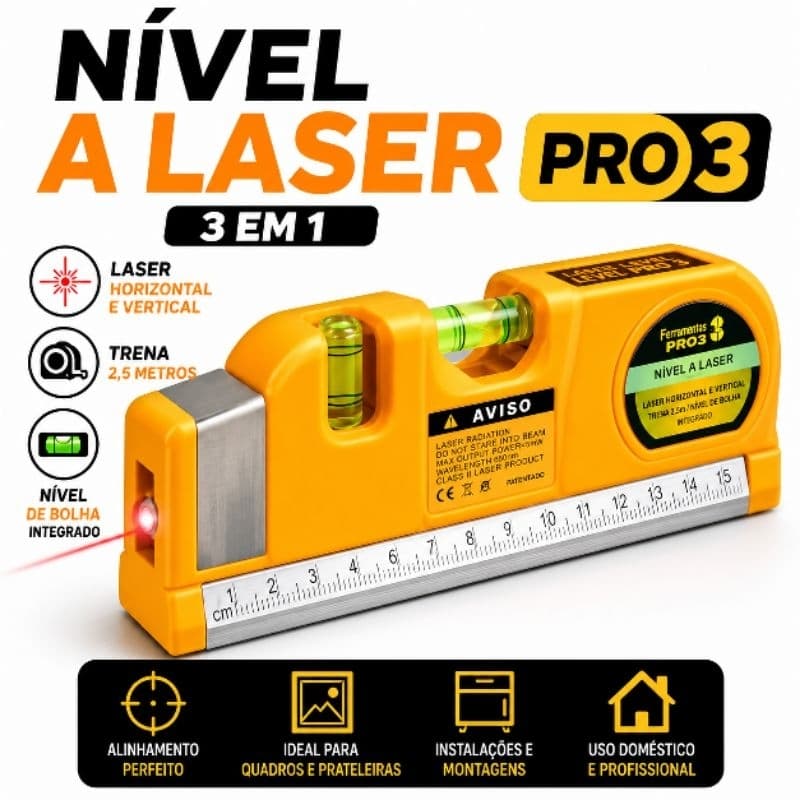 Nível Laser Pro 3 Em 1 Com Trena 2,5m Régua E Nível De Bolha Alinhador Para Quadros Prateleiras Instalação