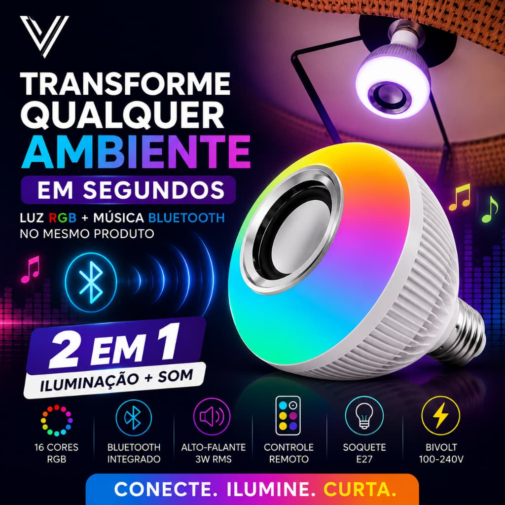 Lâmpada LED RGB Bluetooth com Caixa de Som Controle Remoto Bivolt Music Bulb 2 em 1