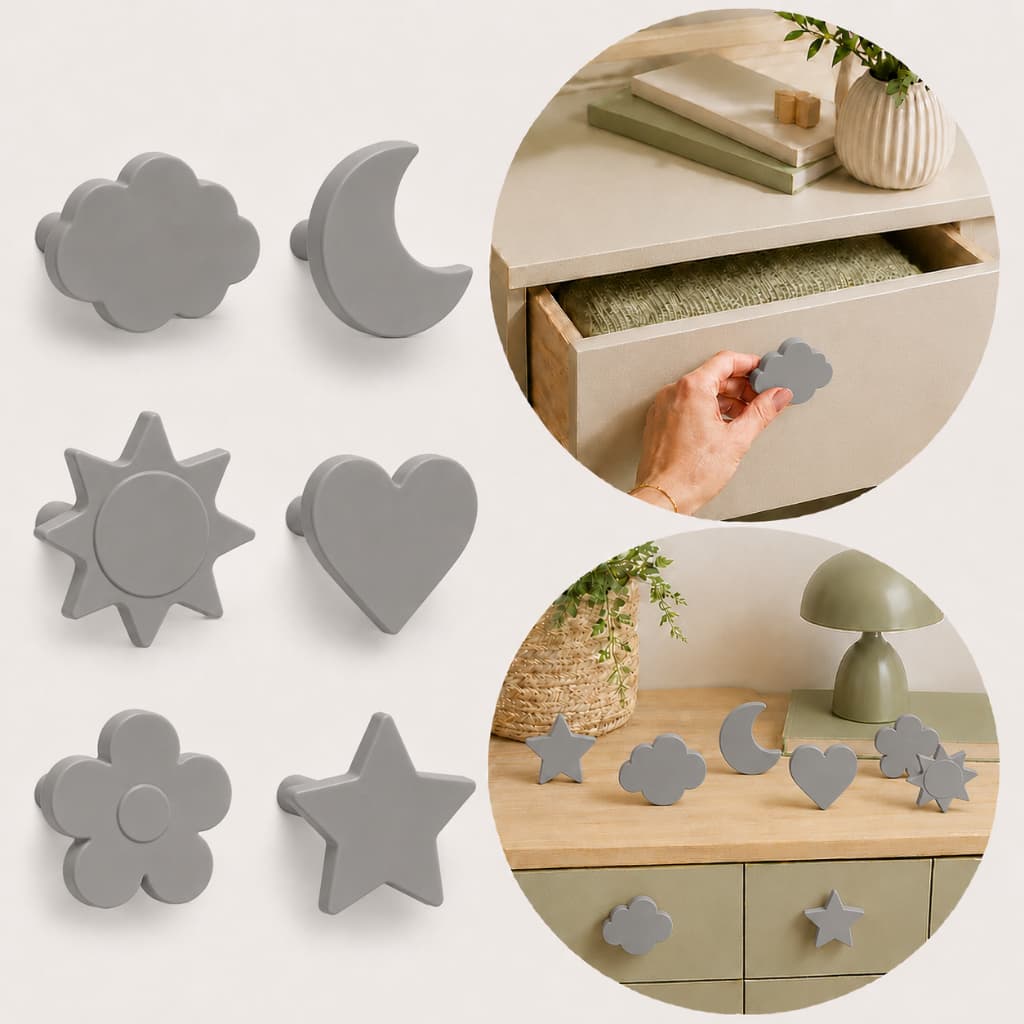 Puxadores Decorativos Armario Guarda Roupas Comoda Nuvem Lua Sol Coração Flor Estrela Kit 4/6/8