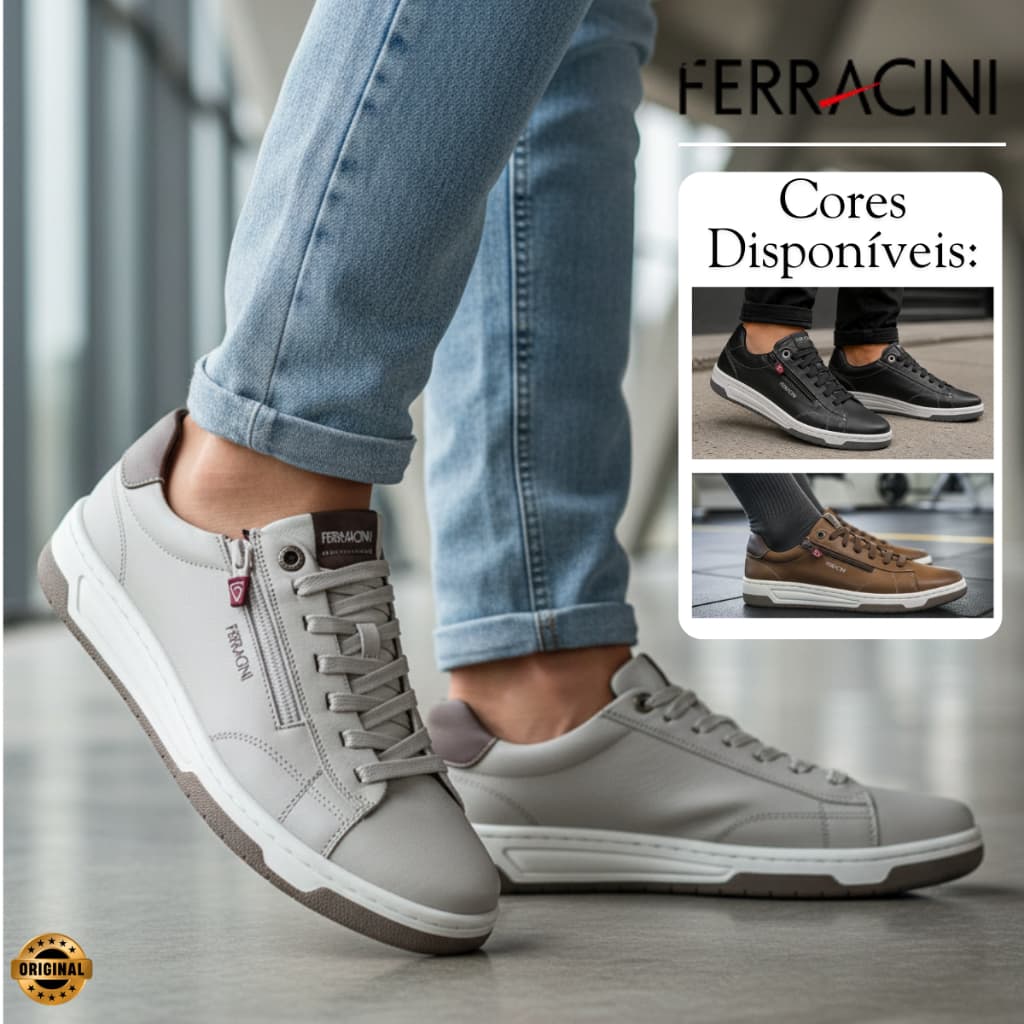 Sapatênis Ferracini Masculino Dubay Couro Legítimo Calce Fácil Zíper Lateral Casual Confortável