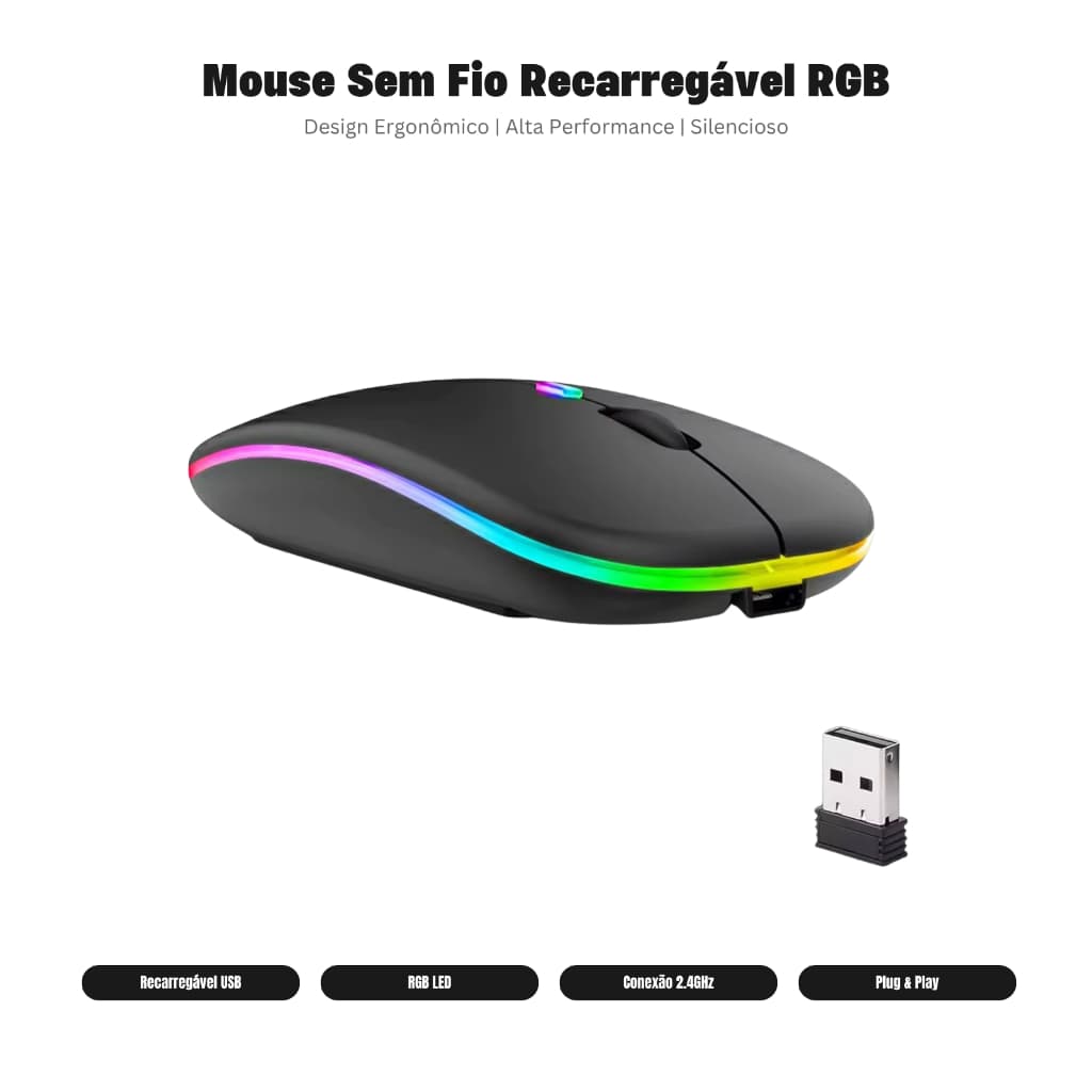 Mouse Sem Fio RGB Recarregável – Bluetooth 5.2 + Wireless 2.4GHz, 3 DPI Ajustáveis, Bateria 500mAh