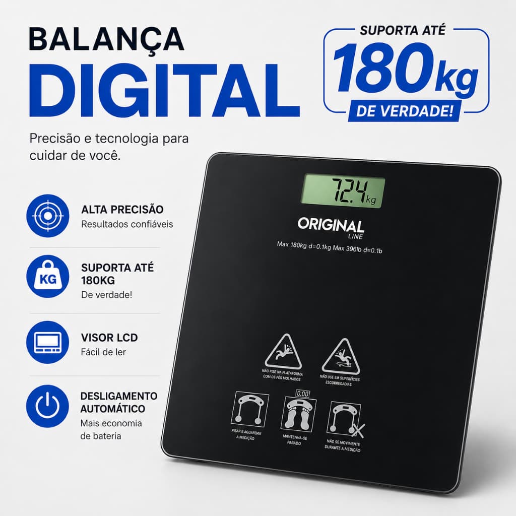 Balança Digital 26cm Vidro Suporta Ate 180KG Desligamento Automatico Visor LCD Academia