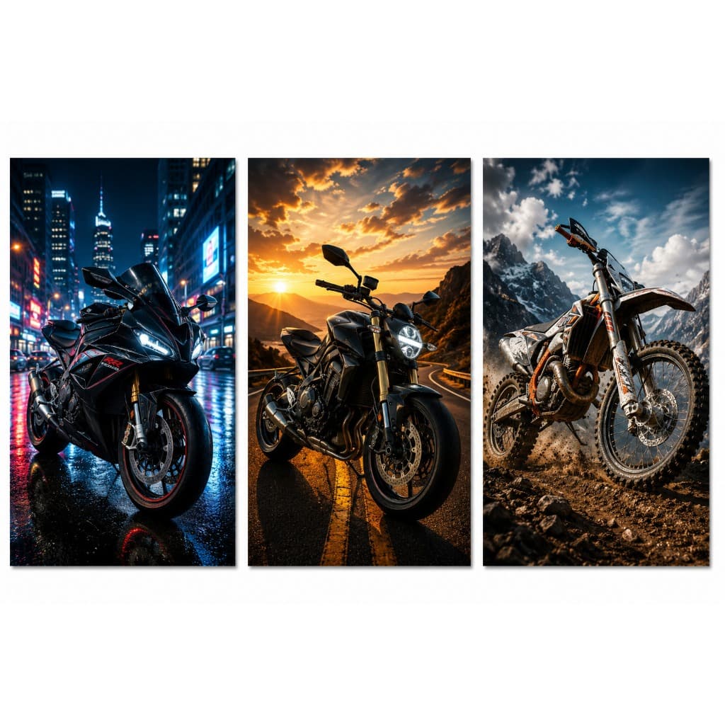 Kit 3 Quadros Decorativos Motos Motociclismo Moto Esportiva Off Road Oficina Garage
