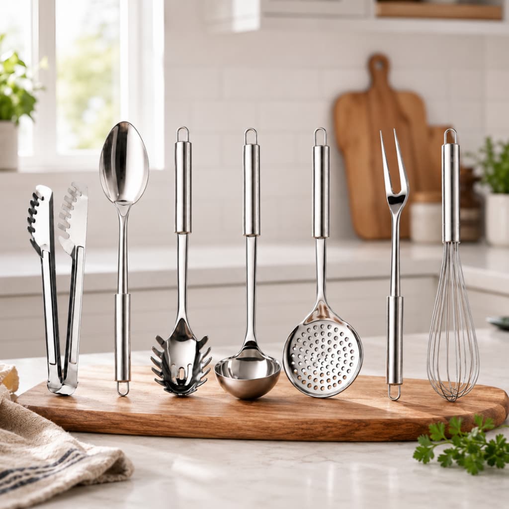 Jogo Kit 7 Utensílios Cozinha Aço Inox - Concha Escumadeira Colher Pegador Massa Pegador U Garfo Fue