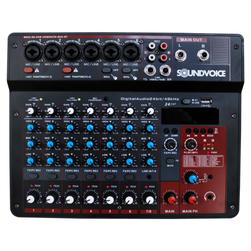 MESA DE SOM COMPACTA SOUNDVOICE MC8BT 8 CANAIS INTERFACE