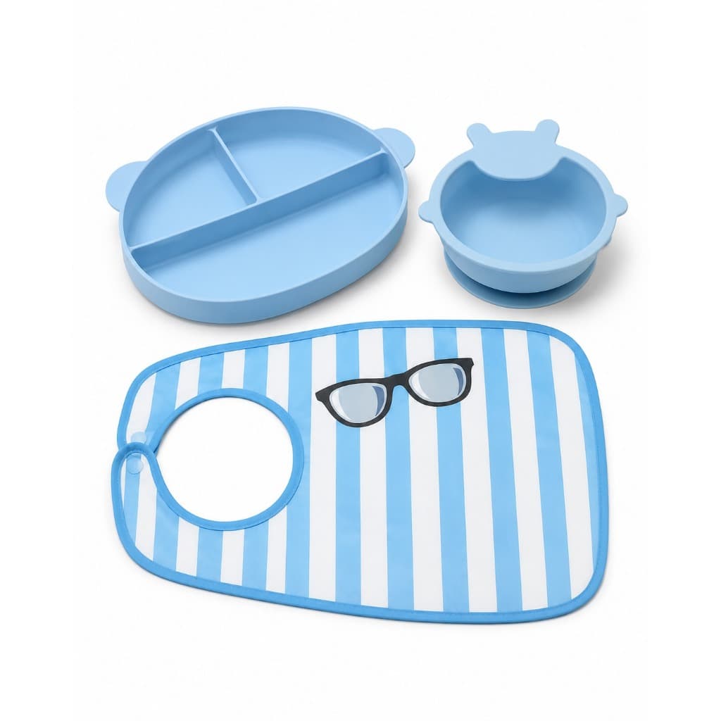 Kit Prato de Silicone Infantil Ursinho Azul com Ventosa, 3 Divisórias, Tigela 300ml e Babador para Introdução Alimentar