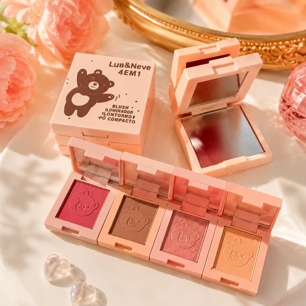 Lua & Neve Estojo 4 em 1 Mini Paleta de Bolsa Blush Contorno Iluminador e Pó Compacto com Espelho Integrado Envio Rápido