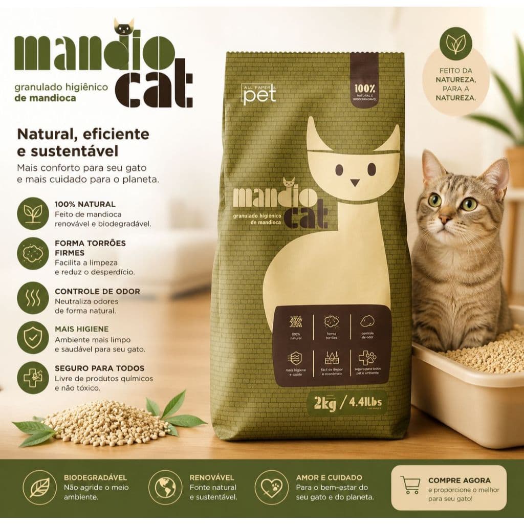 Areia Higiênica Mandiocat 2kg – Natural de Mandioca, Elimina Odores, Forma Torrões, Eco-Friendly