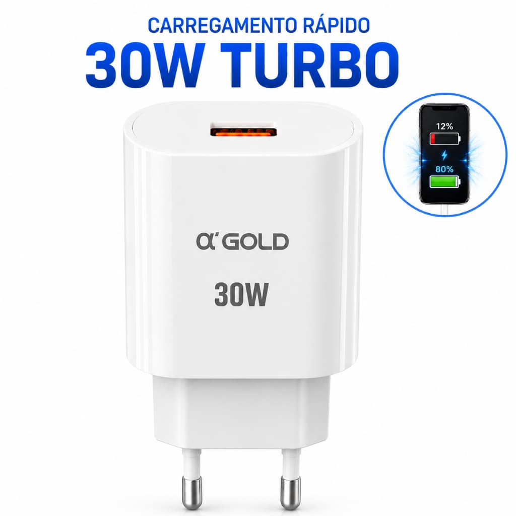 Fonte Carregador Turbo 30W USB Compatível com Samsung iOS XR 11 12 13 14 iPad Tablet e celulares