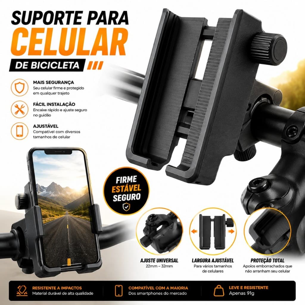 Suporte para Celular de Bicicleta Ajustável Universal Impressão 3D Guidão 22mm a 32mm