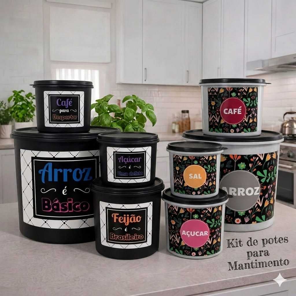 Kit Potes Mantimentos  5 Peças com Tampa Cozinha Plástico Armazenar Alimentos