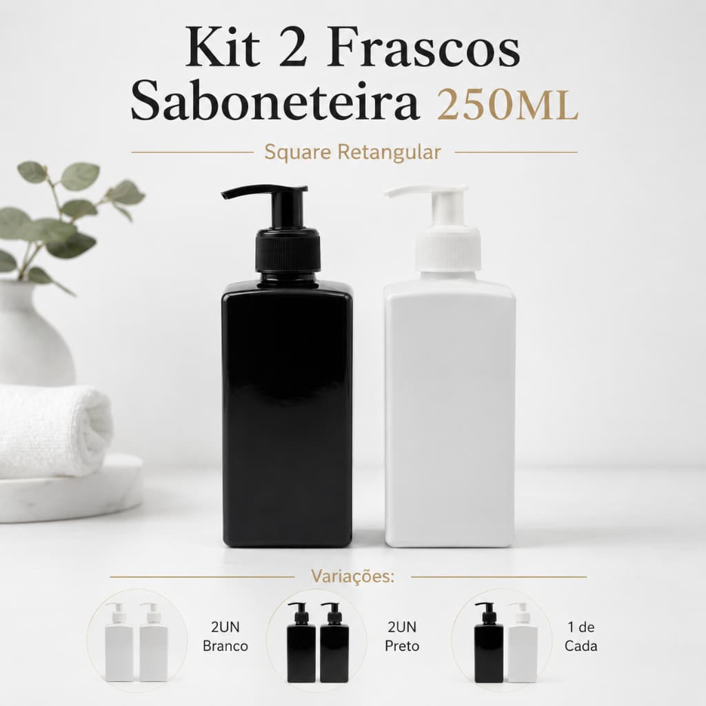 Kit 2 Frascos Pump Saboneteira 250ml Square Retangular Para Sabonete Líquido Álcool Gel Detergente